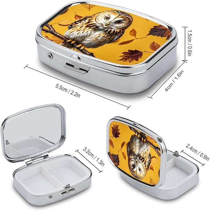 Owl Branch Pill Box 2 Compartment Medicine Pill Case Portable Pill Organizer for Pocket Or Purse Decorative Metal Medicine Vitamin Organizer