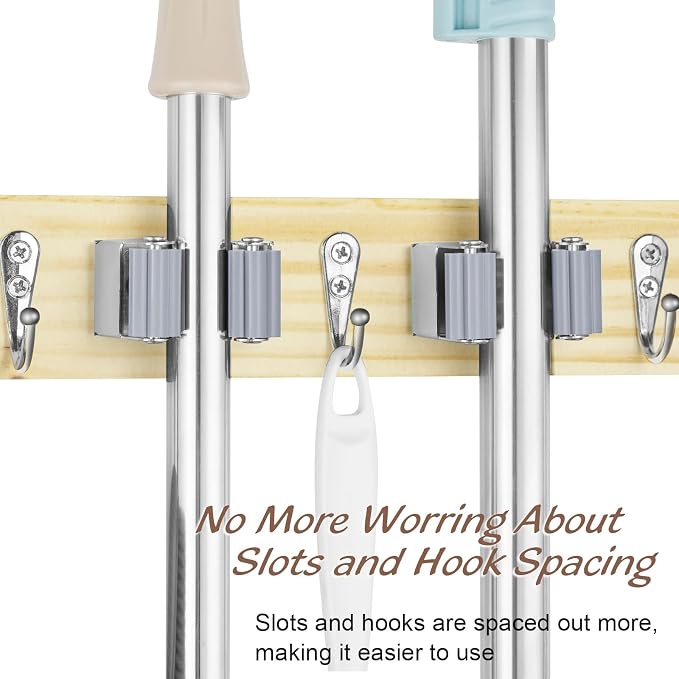 OUTNILI Mop and Broom Holder Wall Mount - Light Wood Broom Mop Hanger - Wall Mounted Garden Tool Rack Organizer for Closet Garage Laundry Room Kitchen With 4 Slots & 4 Hooks