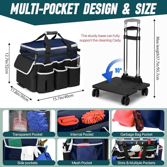 Large Rolling Cleaning Caddy Bag with Detachable Trolley, Full Support Plates for Professional Cleaning Supplies Bag, Organizer Bag with 4 Universal Wheels for Housekeepers, Car Wash (Blue)