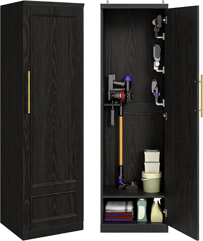 Broom Closet Storage Cabinet, 65" H Slim Utility Closet Black | with Door and Shelf, Tall Vacuum Storage Cabinet with Hooks for Cleaning Tool, Broom Closet Organizer for Bathroom, Garage