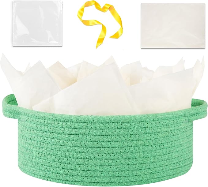 OIAHOMY Gift Basket with Handle, Small Woven Basket with Gift Bag, Ribbon and Wrap Tissue Paper, Nursery Bins Empty to Fill with Small Items, Baby, Pet Toy Organizer - Green