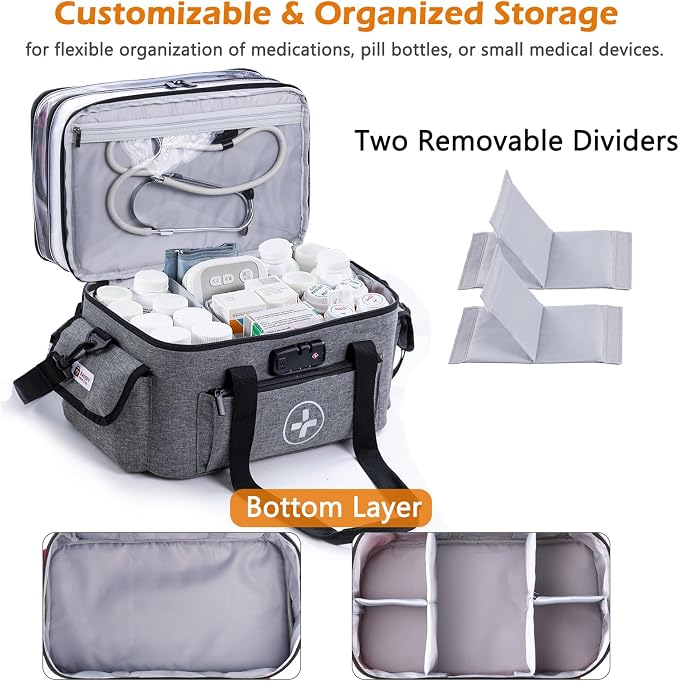 BAGSFY 3-Tier Medicine Organizer with Combination Lock – Large Medicine Bag, Empty First Aid Kit Case, Pill Bottle Medical Supply Organizer, Travel Prescription Bag, Medication Storage Container