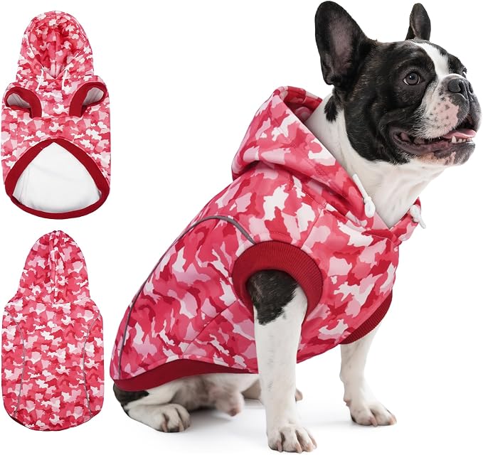 IECOii Camo Dog Hoodie Fleece Lined Dog Sweatshirt Pullover with Leash Hole and Reflective Stripes, Windproof Warm Hoodie for Small Dogs Girl Boy, Fall Winter Outdoor Pet Hoodies, Pink Camo, L