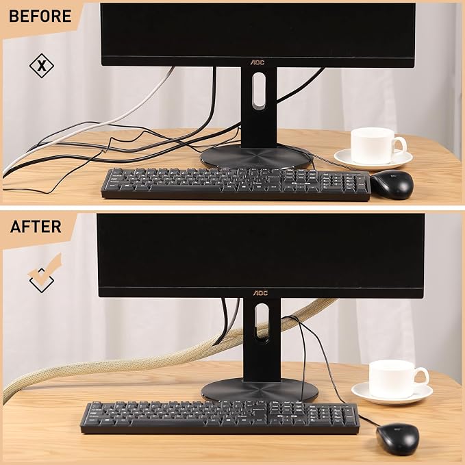 AGPTEK Cable Sleeve, 2 Pack 5ft - 1.2 Inch Cable Management Hide,Wood Color | Desk Cord Cover Organizer Wire Hider for Office Computer TV Wire Loom Tubing Pet-Proof Cord Protector from Cat Dog Chewing