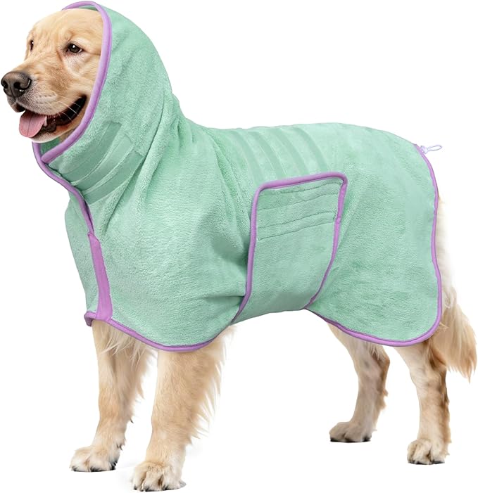 Soft Dog Bathrobe Fast Drying Dog Coat, Super Absorbent Dog Towels for After Bath, Microfiber Pet Robe Adjustable Collar & Belly Warm Keeping Dogs Coat for Pet Dogs & Cats (Green, XX-Large)