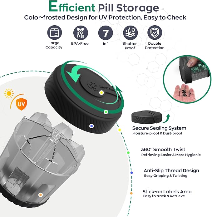 HIONXMGA Large Pill Organizer Anti-Mix, 7-Compartment, 20 Labels, BPA-Free | Portable Pill Dispenser Easy to Open & Retrieve, Wide Opening Design Easy Access for Vitamins, Fish Oils, Supplements