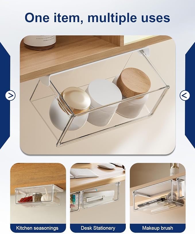 Hanging Cabinet Organizer – 33° Tilted Under Desk Drawer & Bathroom Storage – Self-Adhesive Clear Pull-Out Bins for Kitchen, Office & Vanity (Large)