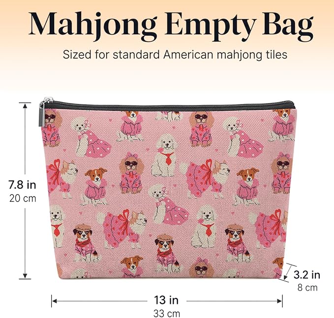 Pink Cute Dog Empty Mahjong Tile Bag 13x7.8 Inch | Pet Printed Portable Travel Case Organizer Zipper Pouch for American Mahjong Tiles Game Night Accessories and Gifts