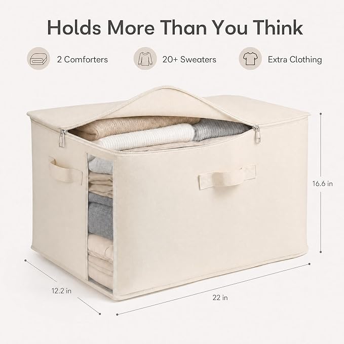 4 Pack Canvas Comforter Storage Bags for Clothes & King Comforters, Natural | 70L Capacity, Dual Zippers, Three Reinforced Handles, Foldable Canvas Design for Comforters, Blankets and Seasonal Clothing