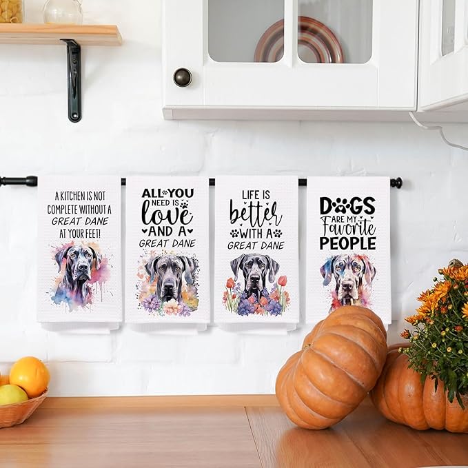 SPBL&L Great Dane Dog Kitchen Towels Set of 4, Great Dane Gifts for Women, Great Dane Decor Tea Dish Towels for Kitchen, Great Dane Decorative Hand Towels for Bathroom, 16x24 Inches
