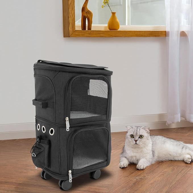 2-Tier Rolling Pet Carrier for Cats & Dogs, Removable Divider, Telescopic Handle, 4 Wheels, Breathable Mesh, Foldable, Large Portable Travel Crate with Side Pockets, 22lbs Capacity,Black