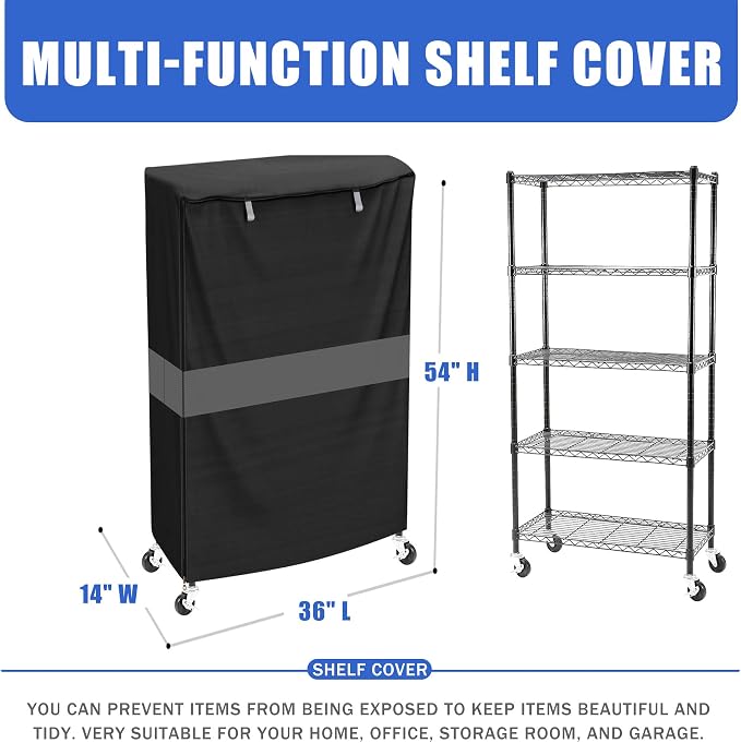Wire Shelf Cover,600D Heavy Duty Waterproof Dustproof Standing Shelf Units Cover, Storage Rack Cover with Zipper for Metal Shelving (36" W x 14" D x 54" H) | Wire Shelving Cover, Black Gray Design, Side Pockets, Dustproof & Water-Resistant