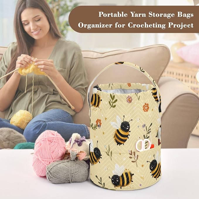 Tatenale Crochet Bag Yarn Bag Knitting Project Bag with Pockets and Handle Portable Yarn Storage Organizer Tangle Free 8.3x11 InchLight Yellow Bees Flowers Dots24
