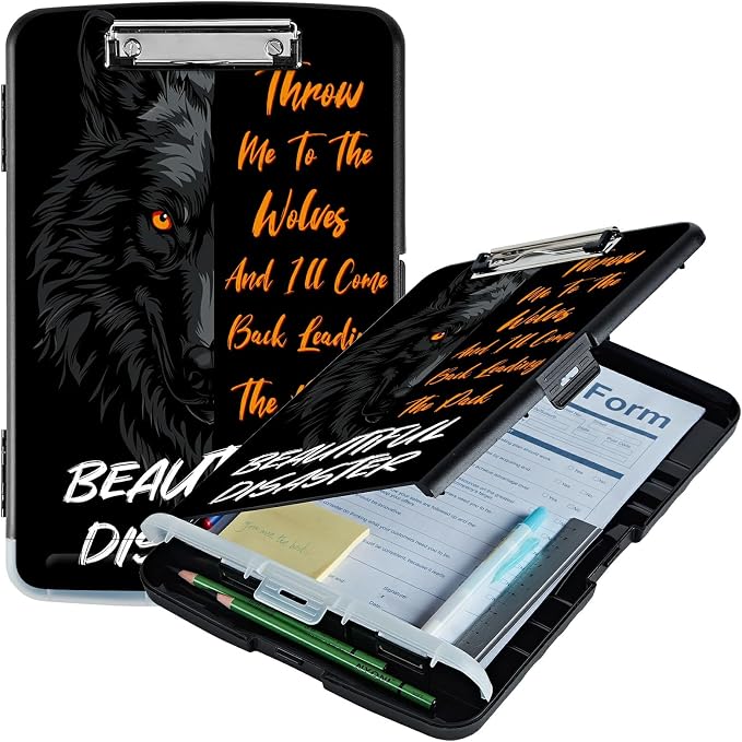 A4 Clipboard with Storage Pen Holder, Clipboards Organizer Nursing Clipboard Foldable File Folder Plastic Clipboard Folio Clip Board for Office Students Classroom Doctor Teacher, Cool Wolf