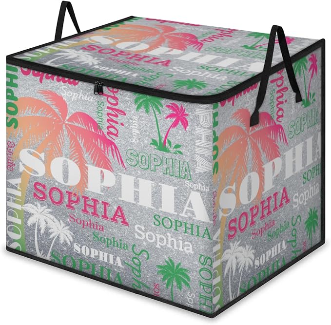 Personalized Name Large Storage Basket with Lid, Canvas Pink Green Tropical Palm Trees Storage Bins Quilt Clothes Organizer for Bedroom, Kitchen, Bathroom, Nursery, Shelves, Closets, Silver Glittery