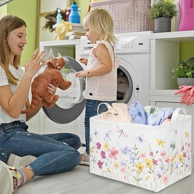 Boho Flower Nursery Basket,Waterproof collapsible storage box,Fall Wildflower Floral Dandelion Storage Bin,Plant Butterfly baby girl gift basket,Girls Bedroom Boho Flower Decor(Dandelion)