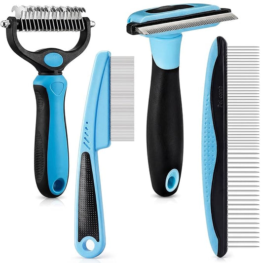 Patelai 4 Pieces Dematting Comb for Dogs Pets Grooming Tools for Dogs and Cats - Fine Tooth Comb, Deshedding Tool & Double-sided Tools Set Ideal for Long/short Hair, Knot Removal