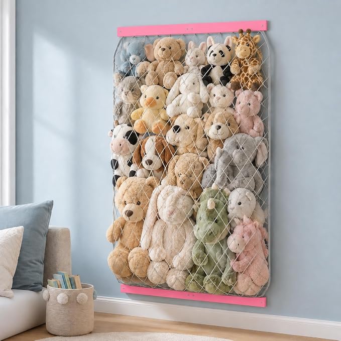 Stuffed Animal Storage Net, Elastic Stuffed Toy Holder,Door/ Wall Mount Length Adjustable Hanging Stuffy Animal Organizer, Plushie Net For Nursery Play Room-Pink Boards