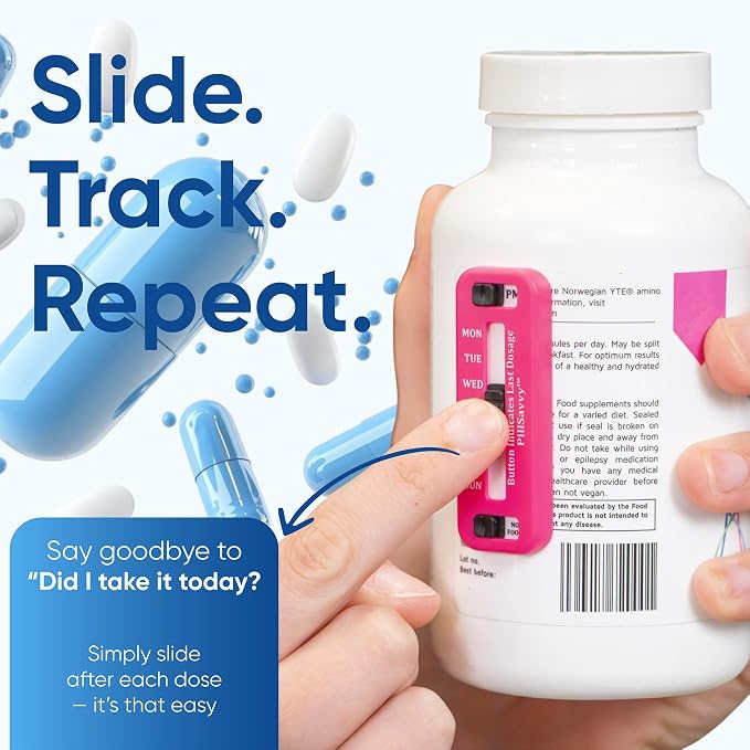 PillSavvy™ Daily Pill Tracker – Non-Digital, Reusable Medication Reminder for Bottles & Organizers – Easy to Use, Curved Back – Track Prescriptions, Vitamins, Supplements & Pet Meds (Pink, 2 Pack)