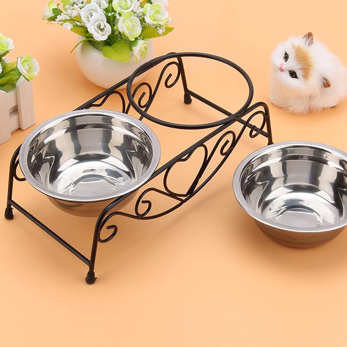 Dog & Cat Bowl Stand with 2 Stainless Steel Bowls, 3.4 Inch Fixed Height | Elevated Dog Bowls for Small Dogs and Cats, Removable Food and Water Bowl Set
