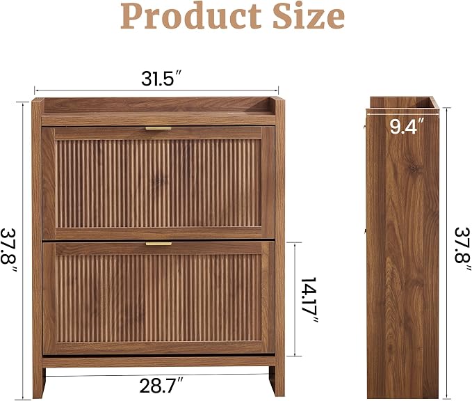 Fluted Shoe Storage Cabinet with 2 Flip Door for Entryway | Farmhouse, Walnut color, Adjustable shelves, Tabletop guardrail, Freestanding shoe storage cabinet, for Entryway/hallway