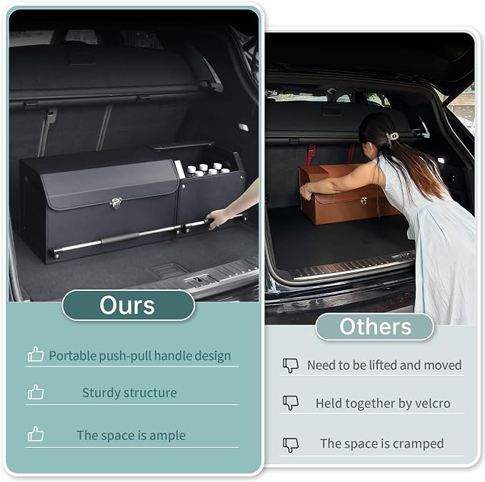 Leather Car Trunk Organizer SUV Trunk Organizer Car Trunk Storage Organizer | Large Trunk Organizer with Lid and Sturdy Handle Car Cargo Storage Box (Black, 36.2 x 11.4 x 12.2in)