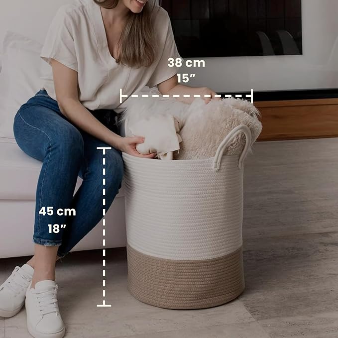 OrganiHaus Tall Cotton Rope Laundry Basket & Hamper, Blanket Storage 52L | Honey / Off-White - Tall Cotton Rope Hamper, 52L