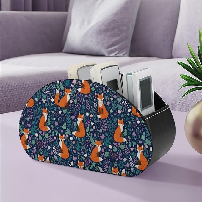 TV Remote Control Holder Organizer for Desk Fox 5 Compartment | Remote Caddy Box, Fox, Pu Leather, Fit Media Player, Maleup Brush, Office Supplies Accessory