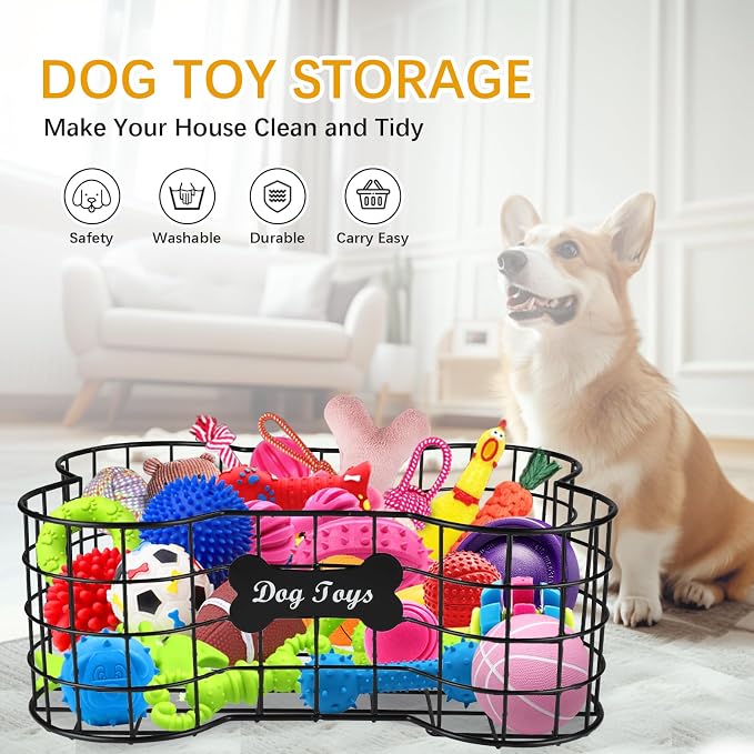 Metal dog toy bin basket bone shape designed outdoor dog toy storage great for collecting pet chew toys leashes clothing in living room area playroom closet shelf