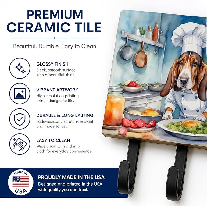 Caroline's Treasures Basset Hound The Chef Leash or Key Holder Wall Hooks, Key Hooks Holder, Coat Rack Wall Mount, Coat Hooks, Hooks for Hanging Keys, Towels, Aprons, Leashes | Basset Hound The Chef artwork on ceramic tile with three steel hooks for ke...