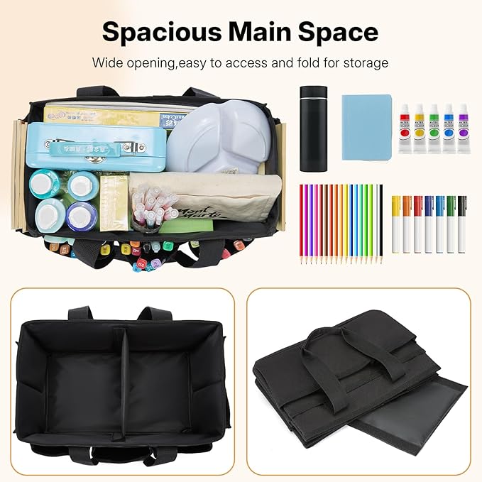 Craft Organizer Tote Bag, Art Storage Caddy with Multiple Pockets | Art Supplies Storage, Sewing Bag, Scrapbooking for School, Home and Office (Black)