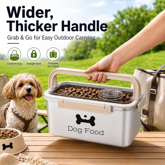 Airtight Dog Food Storage Container 6 QT / 5.8L, Stainless Steel Pet Food Bin with Clear Lid, Portable Dog Kibble Container with Handle - Hold 5.8L - Ideal for Pantry, RV Travel