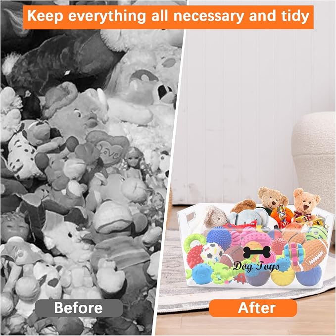 Morezi Dog Toy bin Basket Storage in Plastic Front Shallow Designed Dog Toy Organizer Great for Collecting pet chew Toys leashes Clothing in Living Room Area playroom Closet Shelf Gift Basket