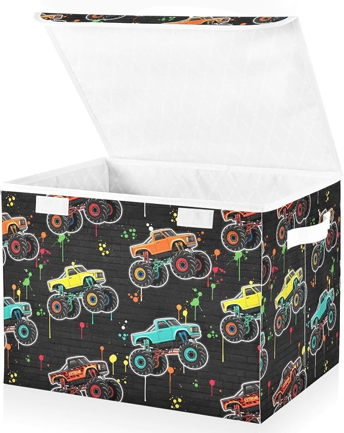 Storage Bins with Lid Monster Truck Foldable Storage Boxes 40L Baskets | Decorative Storage Boxes, Dust-Proof Flip Top, Reinforced Handles, For Home & Bedroom, Clothes & Toy Box, Oxford Fabric Print