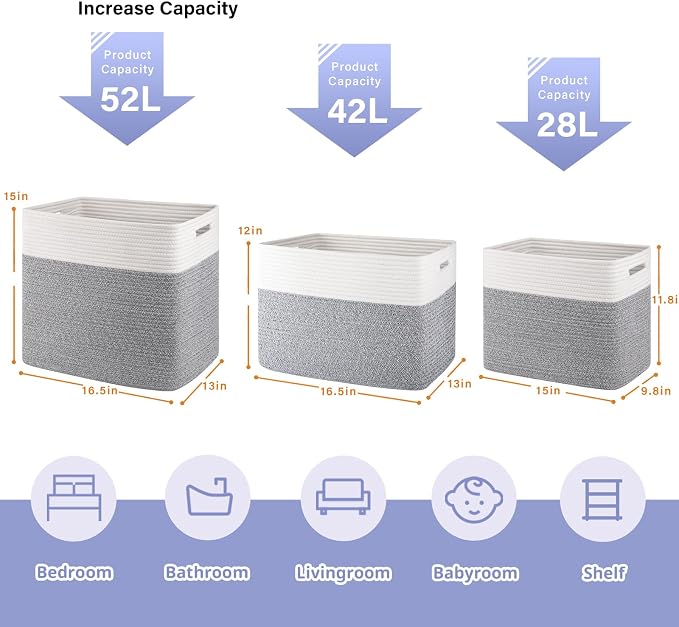 OIAHOMY 2 PACK Tall Storage baskets 55L Blanket Basket Living Room Grey | Large Collapsible Storage Bins Narrow Basket Baskets for Closet Organization Storage Baskets for Shelves Toy Storage Basket