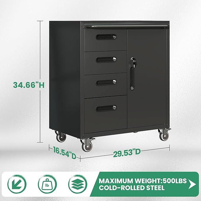 Garage Cabinets,Metal Garage Storage Cabinet with Wheels,Black Lockable Rolling Tool Cabinet with Drawer and Adjustable Shelves,Heavy Duty Tool Chest for Home Office Utility Room