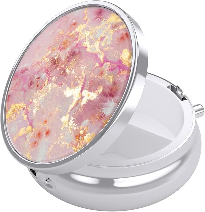 Nipichsha Pill Box, Small Pill Case for Purse & Pocket, Cute Travel Medicine Organizer, Portable Medicine Container Holder to Hold Vitamins, Medication, Fish Oil & Supplement, Gold Pink Marble | Cute Travel Medicine Organizer, Portable Medicine Contain...