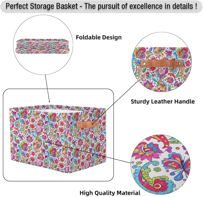 AUUXVA Storage Basket Colorful Paisley Flower Floral Storage Cube Box Durable Canvas Collapsible Toy Basket Organizer Bin with Handles for Shelf Closet Bedroom Home Office
