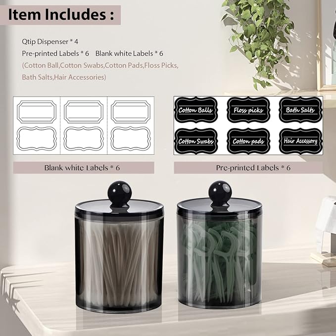 SheeChung 4 Pack Black Qtip Holder, Acrylic Apothecary Jars with Labels | (2) 12oz & (2) 10oz Q Tip Holder, Shatterproof Bathroom Organizer Set for Cotton Swabs,Balls,Pads,Bathroom Accessories