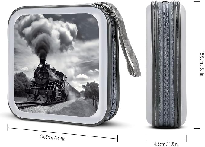 Steam Train Clouds CD Case with Zipper 40 Capacity DVD Case Holder Hard Plastic DVD Disc Storage Box Portable Disc Storage Organizer CD Wallet Bag Media Disc Wallet for Car Home