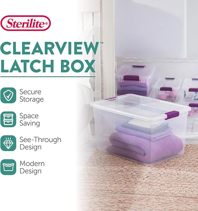 Sterilite 66 Qt ClearView Latch Storage Box, Stackable Bin with Latching Lid, Organize Clothes, Blankets, Items in Closet, Clear Base and Lid, 12-Pack | Clear Plastic Organizers with Color Accent Latches for Closet, Bedroom, Shelving Units, Dorm Room a...