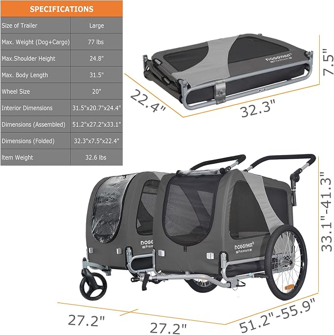 DOGGYHUT® Premium Large Pet Bike Trailer & Stroller Up to 77 lbs (Gray) | Bicycle Trailer for Small Medium or Large Dogs, Dog Bicycle Carrier, Low Center of Gravity, Folding Frame Cart