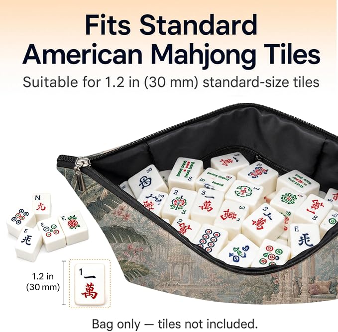 Chinoiserie Tropical Plant Peacock Empty Mahjong Tile Bag 13x7.8in | French Country Flower Garden Heron Printed Portable Organizer Zipper Pouch for American Mahjong Tiles Accessories and Gifts