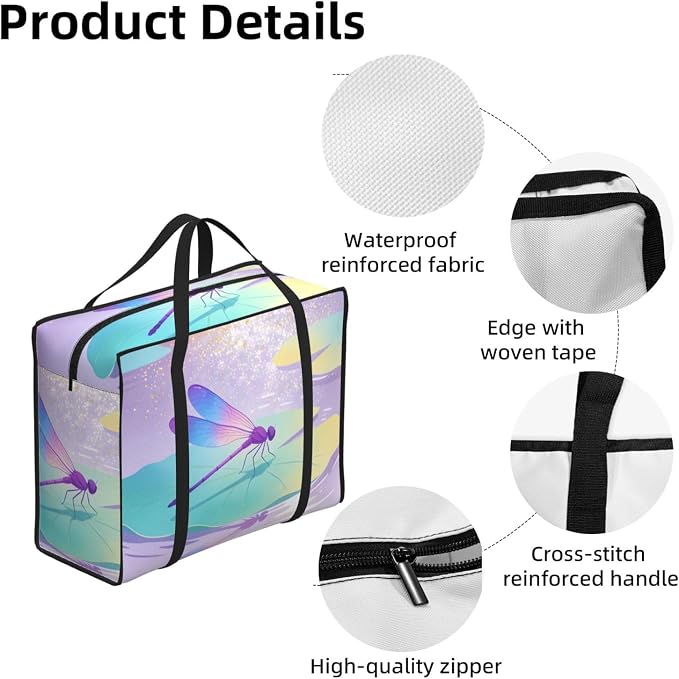 Reusable Grocery Tote Bag Pastel Watercolor Dragonfly On Lily Pad, Extra Large Oxford Fabric Foldable Shopping Tote with Zipper for Grocery and Daily Use