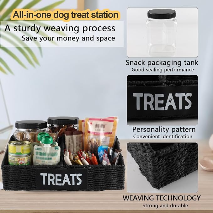 Trapezoidal Dog Treat Container Airtight,3-Compartments Dog Treat Organizer,Dog Treat Storage Countertop,Pet Caddy,Great Gift for Pet Dog Owners-Black Wicker Basket