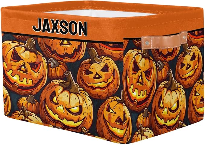 Custom Storage Baskets for Kids Name, Large Foldable Organizer Collapsible Storage Bin with Leather Handle for Home Toys Closet Nursery, Painted Happy Halloween Pumpkin