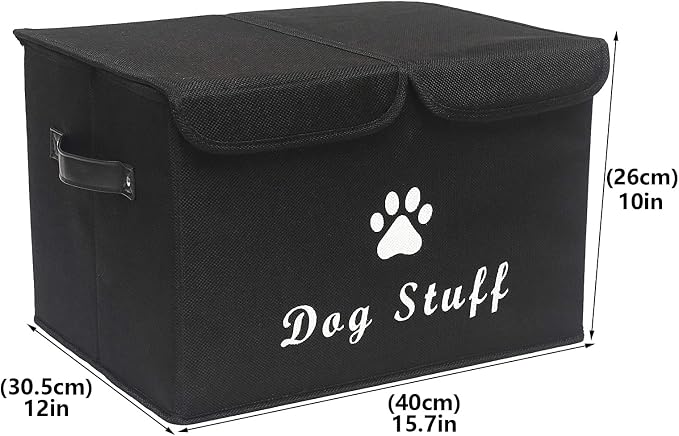 Large Storage Boxes - Large Linen Fabric Foldable Storage Cubes Bin Box Containers with Lid and Handles for Dog Apparel & Accessories, Dog Toys(Black)