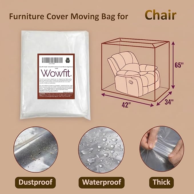 Wowfit 4mil Furniture Cover for Moving, Chair Storage Bag, 34Wx42Dx65/48H | With Tape Strips & Labels, Clear, Heavy Duty, Waterproof, Dustproof, Reusable, Recliner/Accent Chair, Patio/Garage, Pet Guard