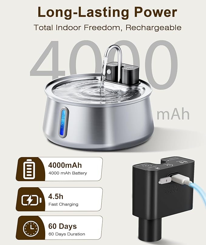 CEESC Cordless Cat Water Fountain Stainless Steel, 4L/135oz Automatic Pet Water Dispenser with Motion Sensor, Multi-Filtration, Ultra Quiet Pump, Long-Lasting 4000mAh Battery for Indoor Cats & Dogs