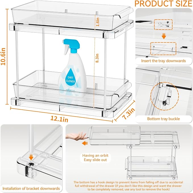 2 Pack 10.6″ High Pull Out Medicine Cabinet Organizer for Vitamin,Pill Bottle and Supplement,2 Tier Slide out Under the Sink Organizer,Bathroom Vanity Storage and Cupboard Undersink Organizers
